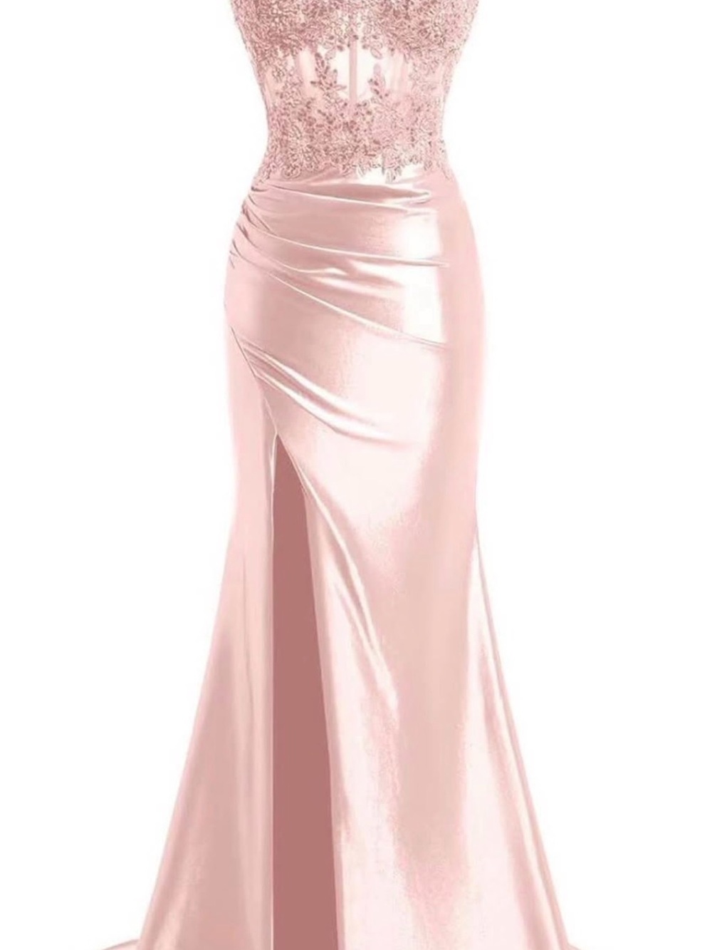 Amazon Rose Pink Lace Bodice Satin Prom Gown
